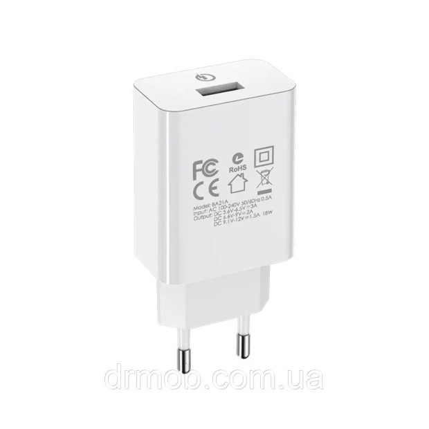Зарядний пристрій-адаптер USB Borofone BA21A QC 3.0 18W + кабель MicroUSB (білий)